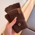 Winter warm knit half finger gloves brown flip top convertible mittens for men and women - Coffee