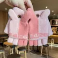 Gants en tricot mignons d'hiver à rabat sans doigts pour femmes, gants chauds en peluche. - Taille unique / Rouge Rose