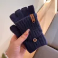 Solid color knit convertible half-finger gloves for winter warmth and daily outdoor wear. - Navy Blue