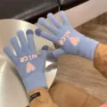Gants d'hiver tactiles en tricot pour femmes, design mignon en peluche a doigts complets, bleu. - Taille unique / Bleu