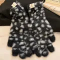 Gants d'hiver en tricot pelucheux pour femmes, gants chauds à motif tacheté noir et blanc. - Taille unique / Noir