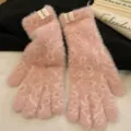 Pink fluffy knit gloves for women, warm fuzzy winter gloves with cute patterned design. - One Size / Pink