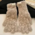 Women winter fluffy leopard print knit touch screen gloves, soft warm plush five finger mitts. - One Size / Khaki