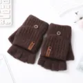 Gants femme hiver chaud tricot mitaines marron rabattables doigts coupe-vent doux - Taille unique / Marron - homme