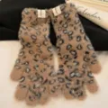Leopard print plush knitted gloves for women winter warm fuzzy stylish outdoor daily wear. - One Size / Coffee