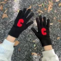 Black knit winter gloves with red letter C warm thick cute casual student daily wear - Genius Club Black