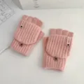 Pink knit half-finger convertible gloves for winter warm typing and daily student wear. - One Size / Pink - Women's
