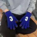 Blue knitted gloves for women winter thick warm cute wool touch screen gloves with letter C - Royal Blue
