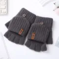 Dark grey knitted convertible half-finger gloves for women, winter warm cute student style. - One Size / Dark Gray - Men's