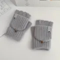Grey knit convertible half-finger gloves for women, warm winter writing gloves with buttons. - One Size / Gray - Women's