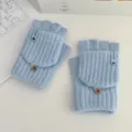 Blue winter knit fingerless convertible gloves, warm fleece writing flip gloves for women. - One Size / Light Blue - Women's