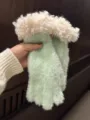 Mint green plush winter gloves with fluffy white cuffs, warm and soft knit for women. - One Size / Mint Green