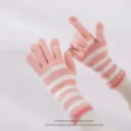 Pink striped knitted touch screen warm gloves for women, long winter thermal gloves. - Stackable Gloves / Pink