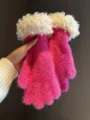 Pink fluffy winter gloves with white sherpa cuffs, cozy warm knit split finger gloves - One Size / Rose Red