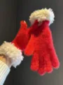 Cozy red fuzzy winter gloves with soft white fluffy cuffs, fingerless design for daily warmth. - One Size / Red
