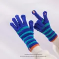 Women's winter warm knitted gloves with blue and green stripes, fingerless touchscreen design. - Blue