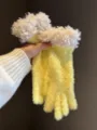 Yellow plush gloves with fluffy white cuffs, warm winter knitted split finger gloves. - One Size / Milk Yellow