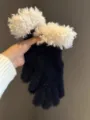Black winter warm plush gloves with white curly faux fur cuff, soft fleece touch daily wear. - One Size / Black