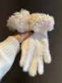 White fluffy plush winter gloves with curly cuffs, cute warm knit mittens for women. - One Size / White