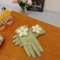 Green quilted down gloves for women featuring 3D white flower design warm winter windproof. - Korean Style Flower Pine Green