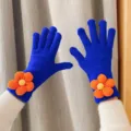 Gants d'hiver femme chaud tactile épais tricot bleu gants à cinq doigts jolie fleur - Bleu Klein