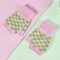 Rosa grüne karierte Strick-fingerlose Handschuhe, warme Winter Halbfinger Handschuhe. - Einheitsgröße / Rosa