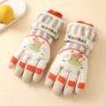 Kids waterproof winter ski gloves with cute cartoon animal print, thick thermal windproof. - Beige