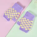 Lila gelbe karierte fingerlose Strickhandschuhe Damen Tippen Herbst Winter warm Mode - Einheitsgröße / Lila