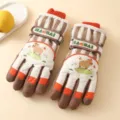 Children winter waterproof thickened ski gloves with cute capybara print and warm cuffs - Brown