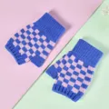 Blau rosa karierte Strick Handschuhe fingerlos, warme Winter Tipp Handschuhe fuer Damen - Einheitsgröße / Blau