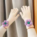 Women winter beige knitted gloves with cute purple sunflower decor, warm five-finger design. - Off White