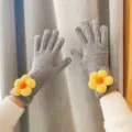 Grey knit gloves for women winter warm touchscreen cute yellow flower cuff thermal mitten wear - Gray