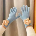 Women winter warm knitted gloves with cute sunflower decor, soft cozy fleece lined mittens. - Light Blue