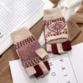Women winter knit convertible half finger gloves warm flip top mittens for cold weather writing - One Size / Beige