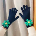 Women winter knit gloves with cute green sunflower decor, warm thick black five finger thermal gear. - Black