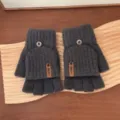 Women winter thick warm knitted convertible half finger gloves with flip cover for cold winter days. - One Size / Dark Gray