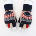 Women winter knit convertible fingerless gloves warm fleece lined wool half finger gloves - One Size / Navy Blue
