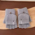 Grey Knit Fingerless Flip Top Gloves Warm Winter Student Writing Convertible Mittens - One Size / Light Gray