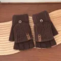 Women winter warm knitted convertible half finger gloves touch screen thick wool flip mitten brown - One Size / Brown