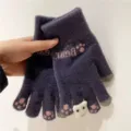 Gants d'hiver en tricot mignons pour femmes avec motif de patte d'ours, tactiles et chauds. - Petit raton laveur bleu marine