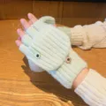Mint green knit fingerless convertible gloves winter warm half finger mitten for typing. - One Size / Green - Women's