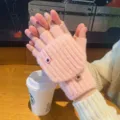 Pink knit fingerless gloves for winter warm typing writing cute half finger mittens for women. - One Size / Pink - Women's