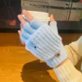 Light blue knitted fingerless gloves for winter warm typing writing half finger design. - One Size / Light Blue - Women's