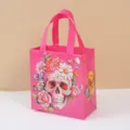 Pink non-woven sugar skull tote bag, floral print gift bag for party decoration and packaging. - 22*23*11cm / Pink