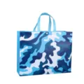 Blue camouflage tote bag detail showing durable woven fabric and snap button closure for shopping. - Camouflage