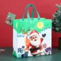 Christmas non-woven gift bag with cute Santa Claus and reindeer print for holiday shopping. - Green Santa Claus