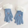 Gants en tricot bleu pour femmes avec manchette en peluche douce, chaud et coupe-vent d'hiver. - Bleu