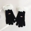 Gants en tricot noir avec manchette en fourrure blanche pour femme hiver chaud et doux. - Noir