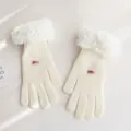 Women fluffy cuff knit gloves, warm winter white five finger gloves with cute pink label. - White