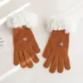 Caramel brown knitted gloves for women with cozy white plush cuffs, warm winter thermal gear. - Brown